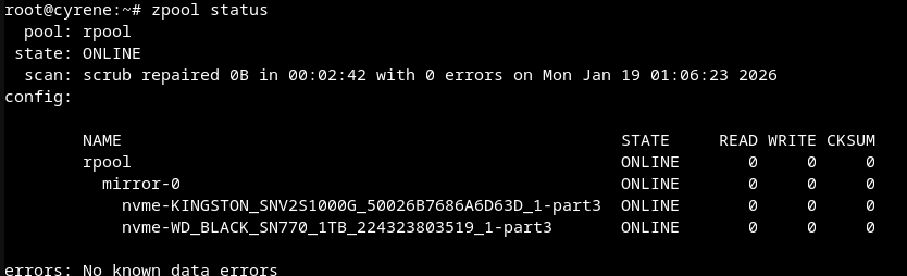 zpool status showing both ssds in the pool woking with no errors