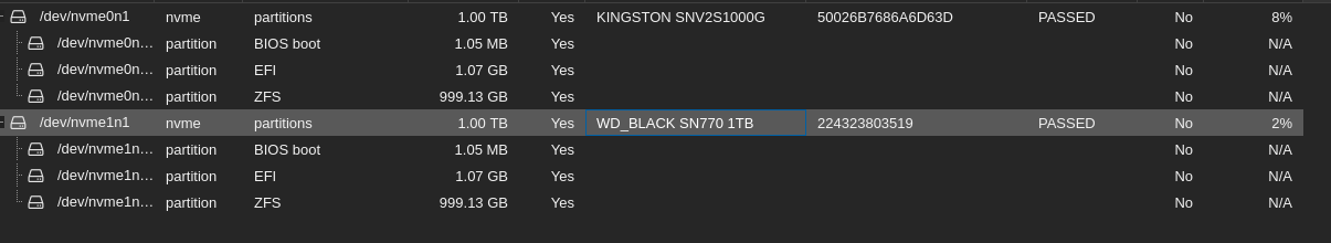 proxmox showing two nvme ssds (WD_BLACK SN770 1TB and a Kingston SSD)